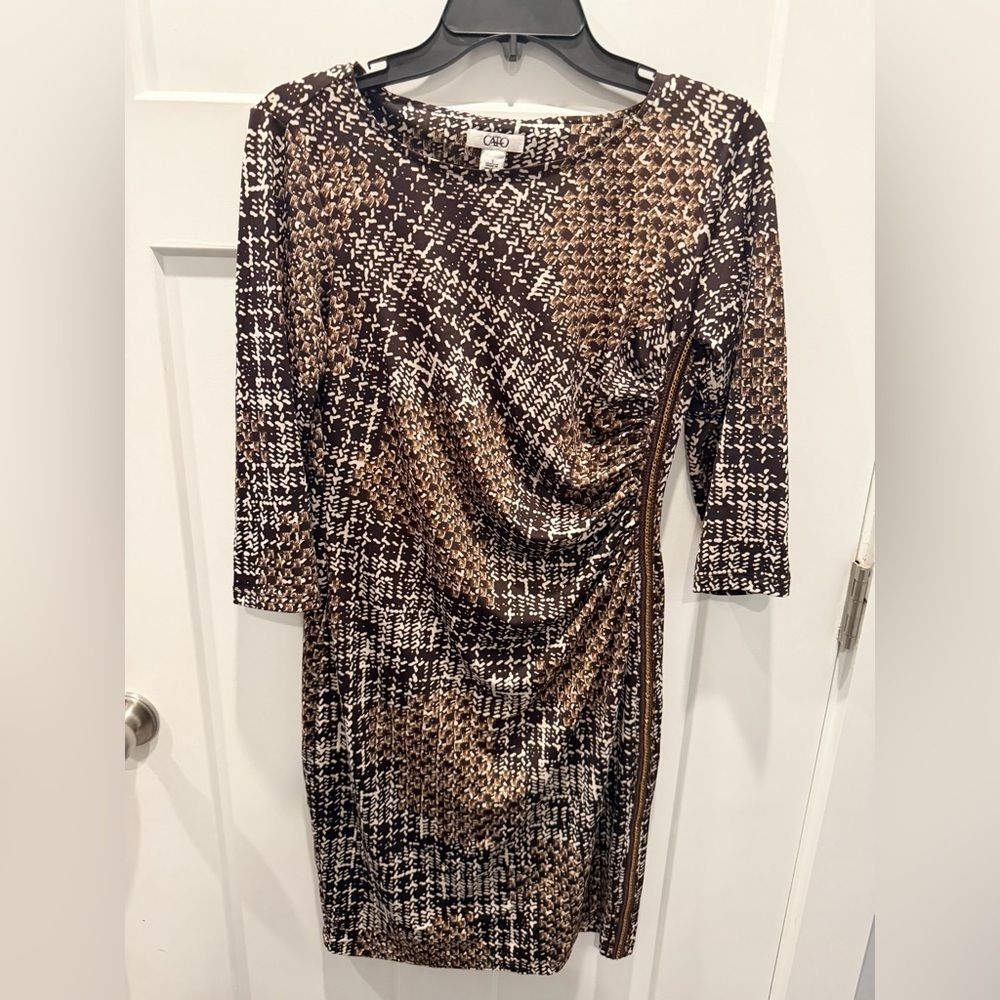 Cato Brown Animal Print Ruched Bodycon Dress Size Small 3/4 Sleeve Gold Zipper